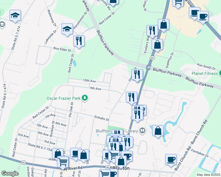 map of restaurants, bars, coffee shops, grocery stores, and more near 54 9th Avenue in Bluffton