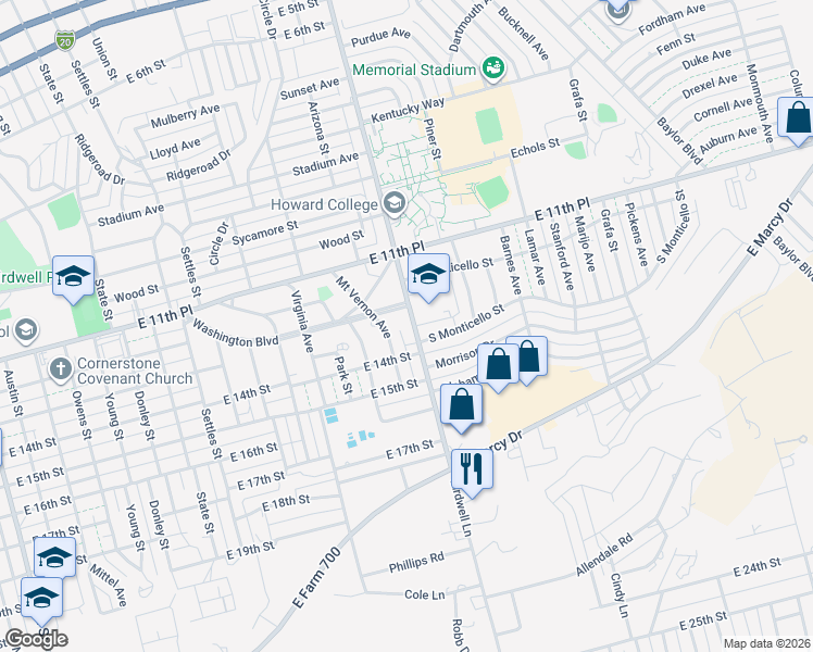 map of restaurants, bars, coffee shops, grocery stores, and more near 1302 Birdwell Lane in Big Spring
