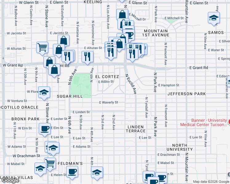 map of restaurants, bars, coffee shops, grocery stores, and more near 601 East Seneca Street in Tucson