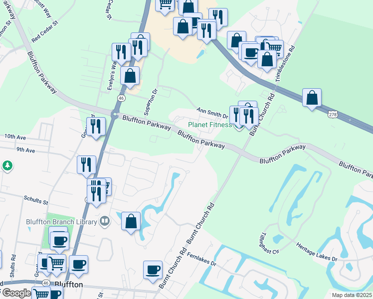 map of restaurants, bars, coffee shops, grocery stores, and more near 4926 Bluffton Parkway in Bluffton