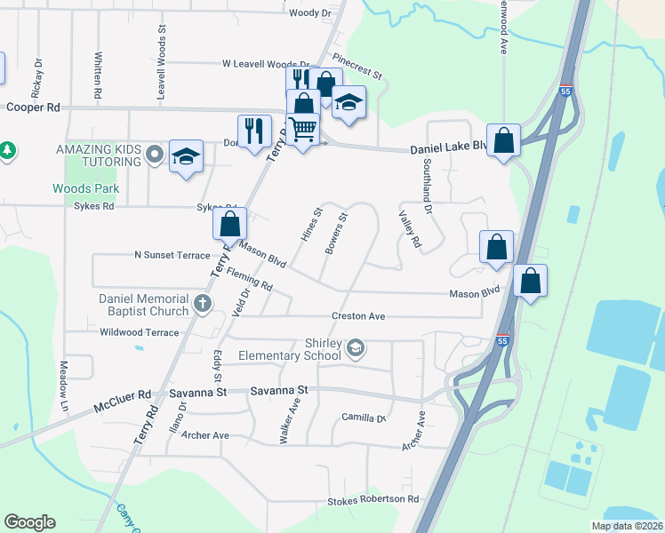 map of restaurants, bars, coffee shops, grocery stores, and more near 3574 Bowers Street in Jackson