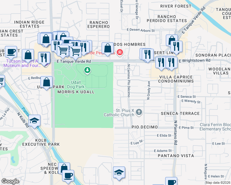 map of restaurants, bars, coffee shops, grocery stores, and more near 2054 North Heatherbrae Circle in Tucson