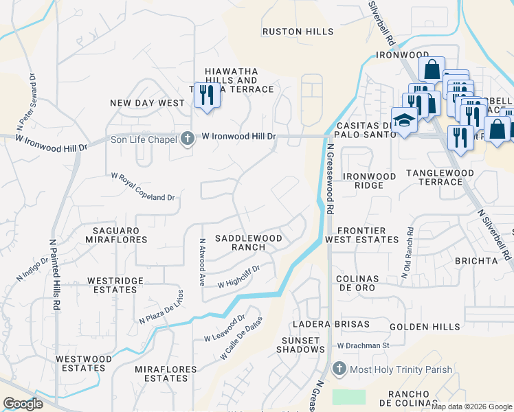 map of restaurants, bars, coffee shops, grocery stores, and more near 2692 West Avenida Azahar in Tucson