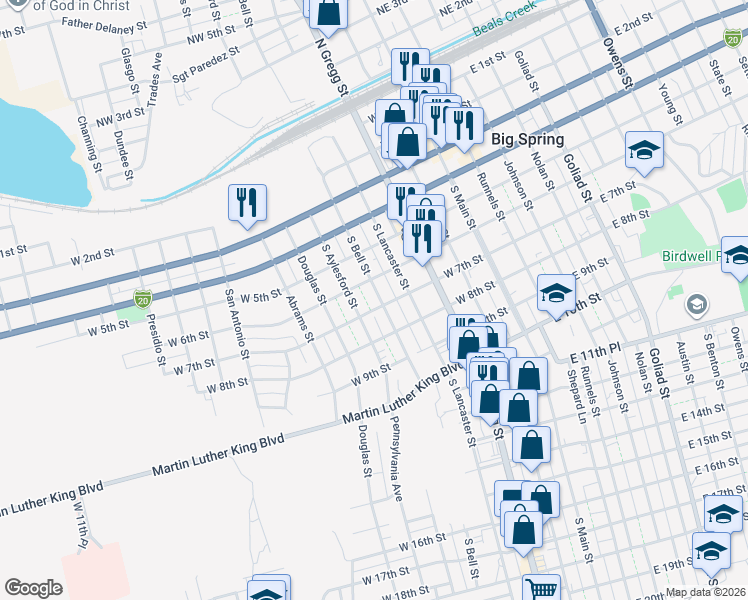 map of restaurants, bars, coffee shops, grocery stores, and more near 600-698 South Bell Street in Big Spring