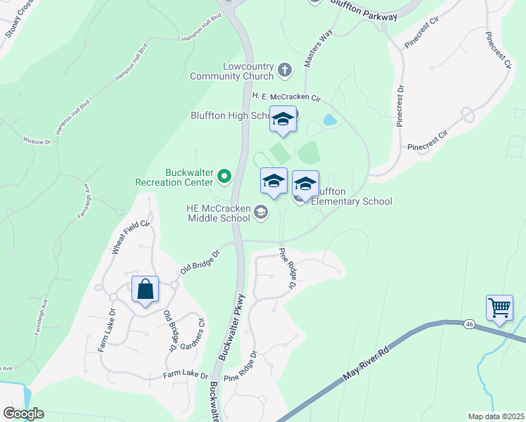 map of restaurants, bars, coffee shops, grocery stores, and more near 250 H. E. McCracken Circle in Bluffton