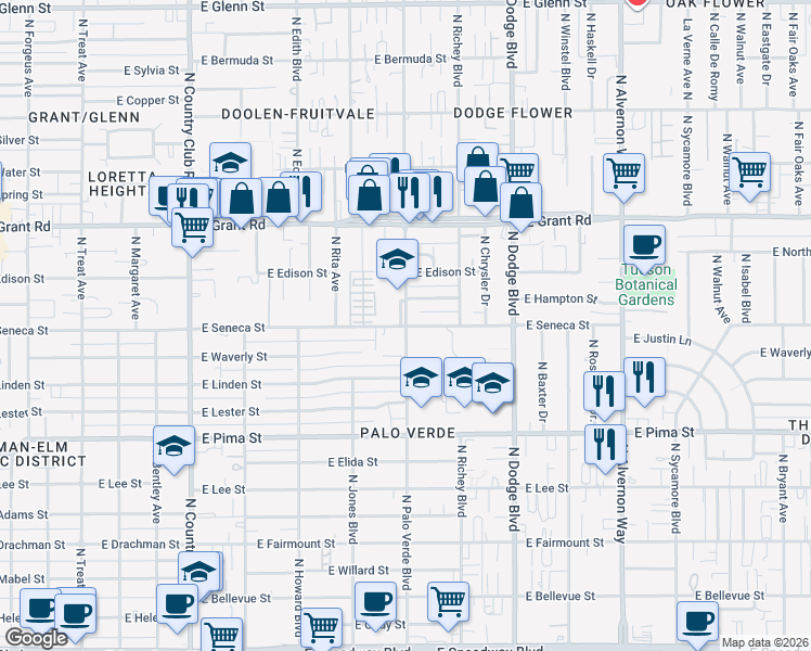 map of restaurants, bars, coffee shops, grocery stores, and more near 3499 East Seneca Street in Tucson