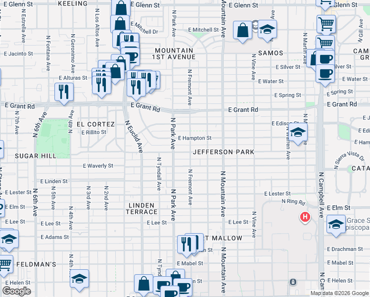 map of restaurants, bars, coffee shops, grocery stores, and more near 1001 East Seneca Street in Tucson
