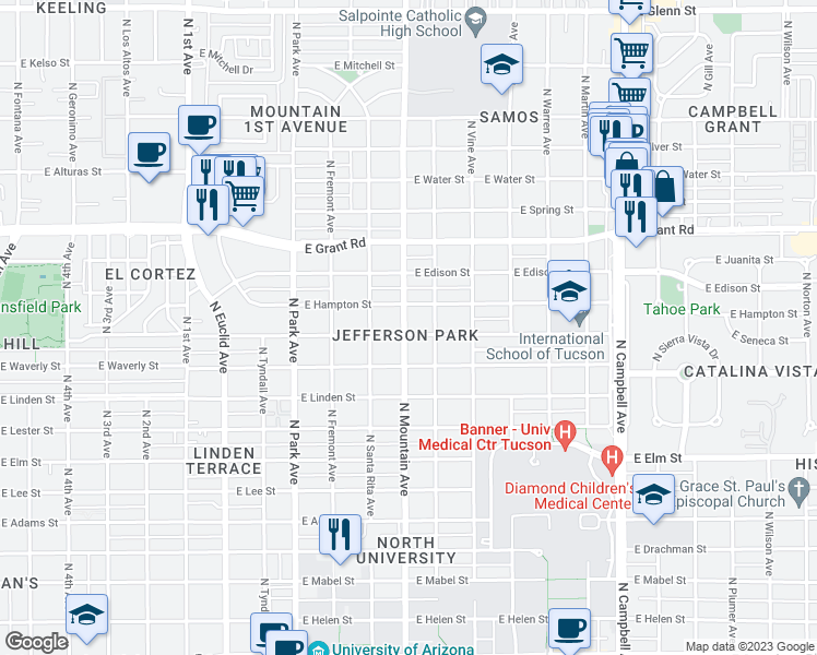 map of restaurants, bars, coffee shops, grocery stores, and more near 2106 North Mountain Avenue in Tucson