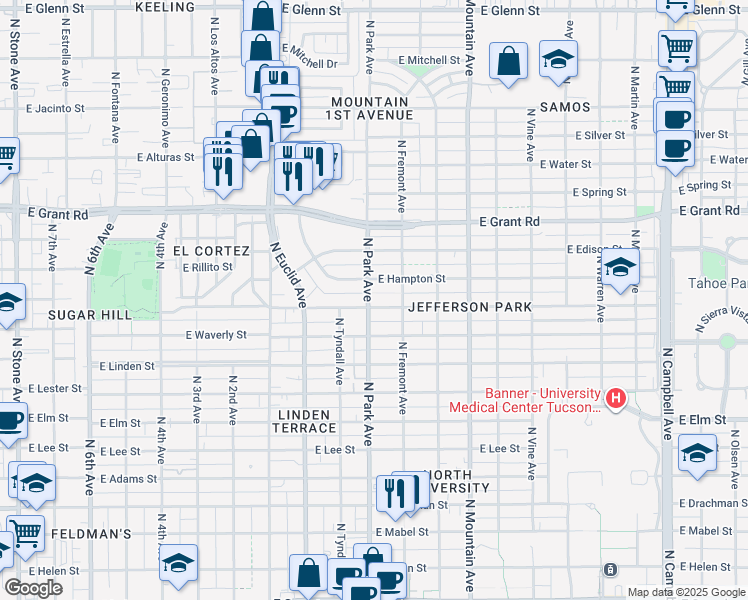 map of restaurants, bars, coffee shops, grocery stores, and more near 1001 East Seneca Street in Tucson