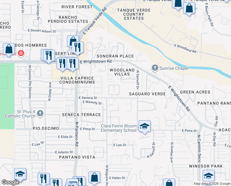 map of restaurants, bars, coffee shops, grocery stores, and more near 8157 East Prickly Poppy Drive in Tucson