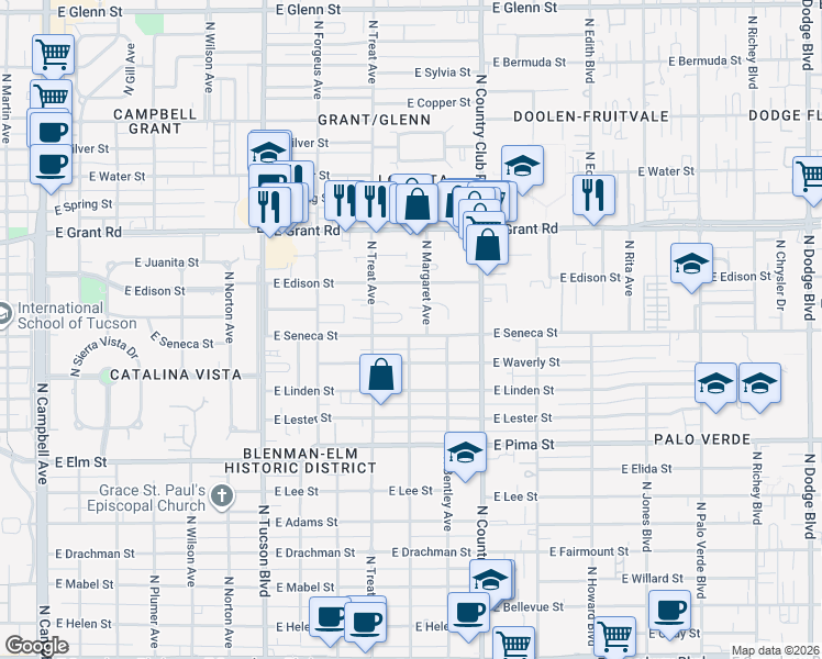 map of restaurants, bars, coffee shops, grocery stores, and more near 2831 East Seneca Street in Tucson