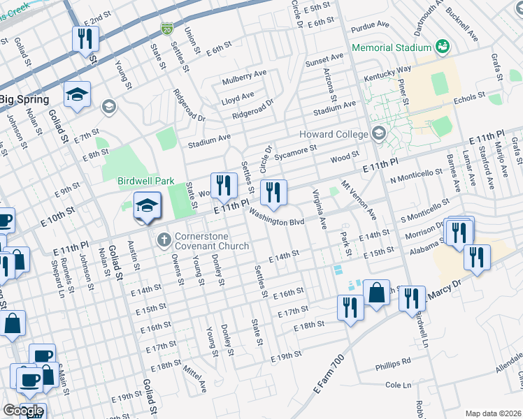 map of restaurants, bars, coffee shops, grocery stores, and more near 105 Washington Boulevard in Big Spring