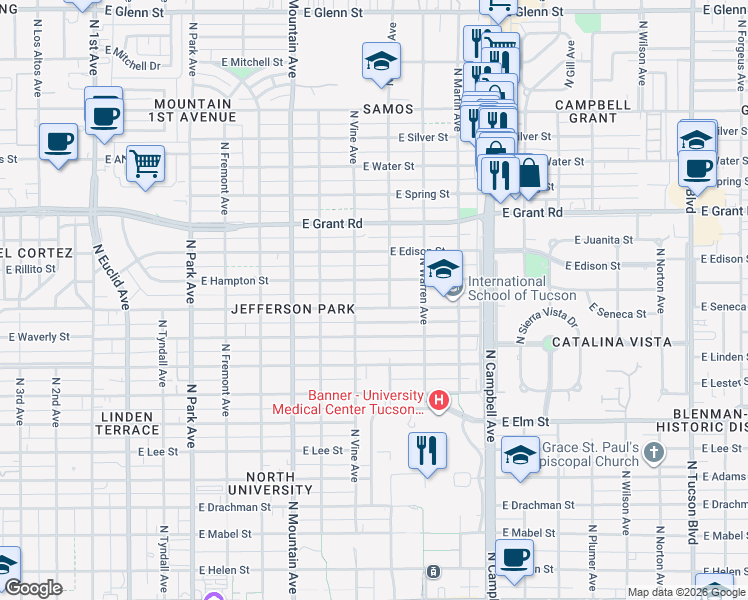 map of restaurants, bars, coffee shops, grocery stores, and more near 1519 East Seneca Street in Tucson