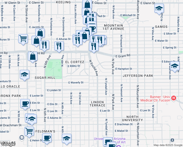 map of restaurants, bars, coffee shops, grocery stores, and more near 2110 North 1st Avenue in Tucson