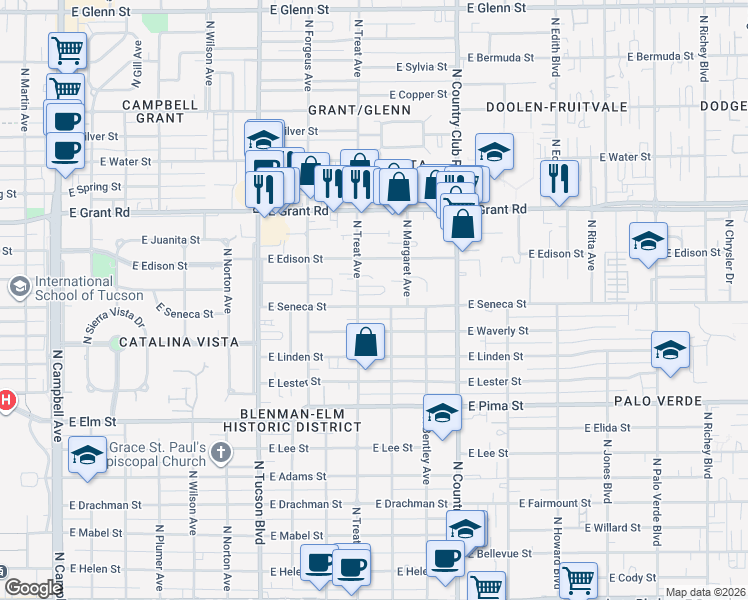 map of restaurants, bars, coffee shops, grocery stores, and more near 2801 East Seneca Street in Tucson