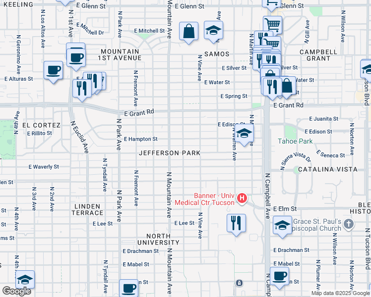 map of restaurants, bars, coffee shops, grocery stores, and more near 1415 East Seneca Street in Tucson