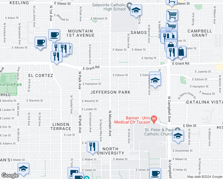 map of restaurants, bars, coffee shops, grocery stores, and more near 1321 East Seneca Street in Tucson