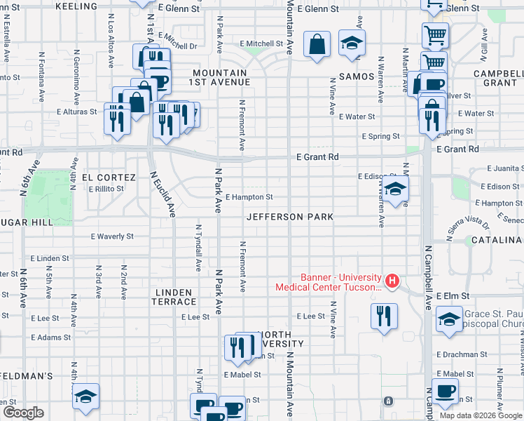 map of restaurants, bars, coffee shops, grocery stores, and more near 1215 East Seneca Street in Tucson