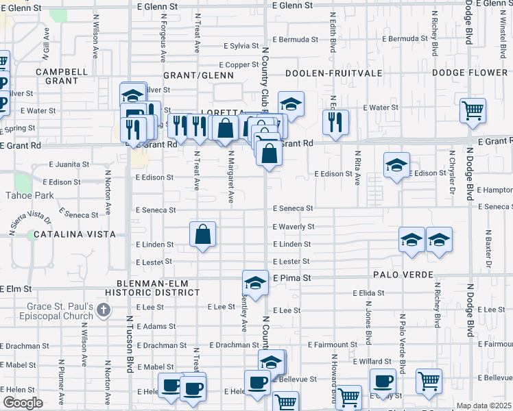 map of restaurants, bars, coffee shops, grocery stores, and more near 2931 East Seneca Street in Tucson