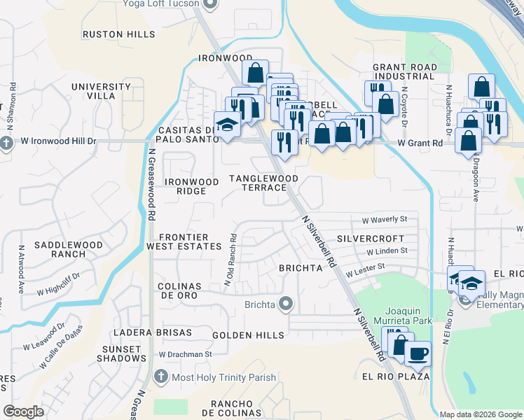 map of restaurants, bars, coffee shops, grocery stores, and more near 2157 Tanglewood Drive in Tucson