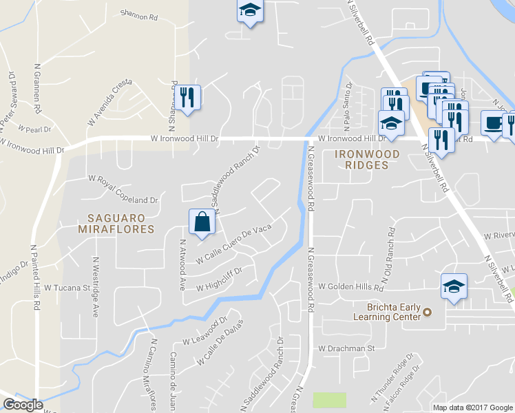 map of restaurants, bars, coffee shops, grocery stores, and more near 2105 North Jacamar Lane in Tucson