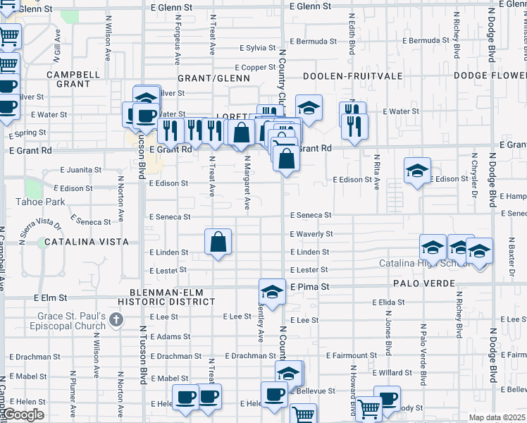 map of restaurants, bars, coffee shops, grocery stores, and more near 2931 E Seneca St in Tucson