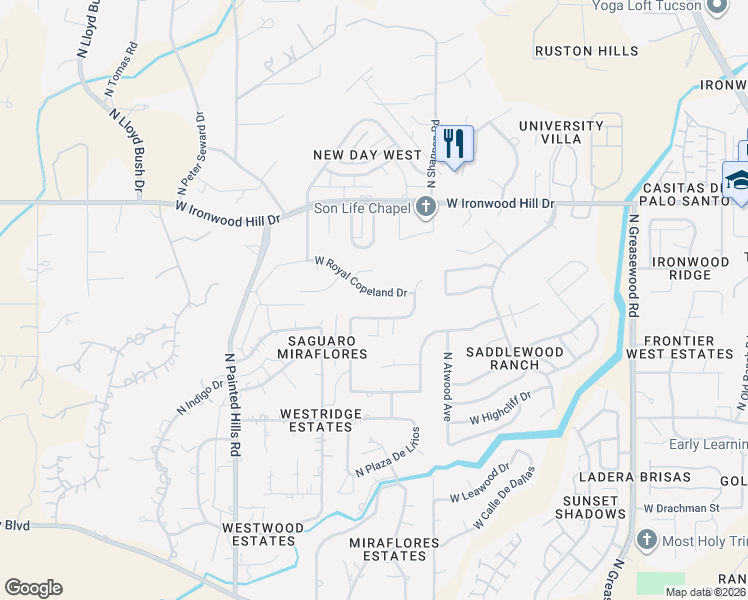 map of restaurants, bars, coffee shops, grocery stores, and more near 3015 West Royal Copeland Drive in Tucson