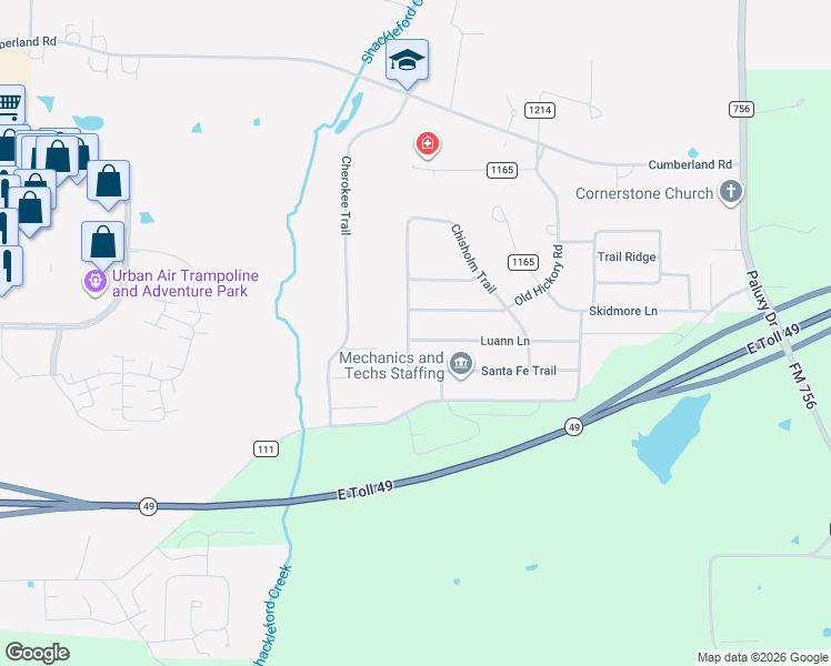 map of restaurants, bars, coffee shops, grocery stores, and more near 1202 Luann Lane in Tyler