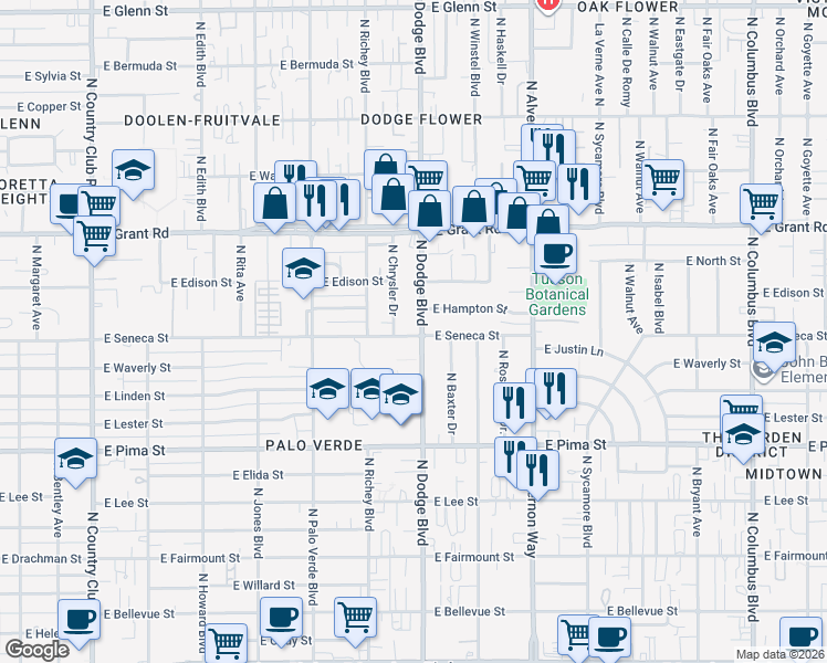 map of restaurants, bars, coffee shops, grocery stores, and more near 2101 North Dodge Boulevard in Tucson