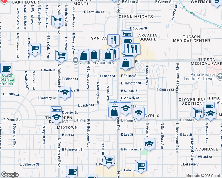 map of restaurants, bars, coffee shops, grocery stores, and more near 2112 North Bell Avenue in Tucson