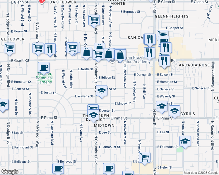 map of restaurants, bars, coffee shops, grocery stores, and more near 4367 East Seneca Street in Tucson
