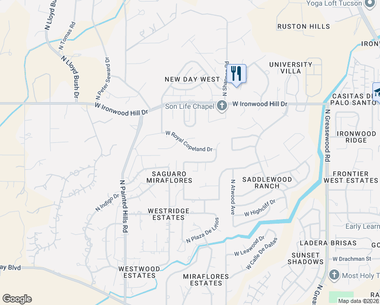 map of restaurants, bars, coffee shops, grocery stores, and more near 3015 West Royal Copeland Drive in Tucson