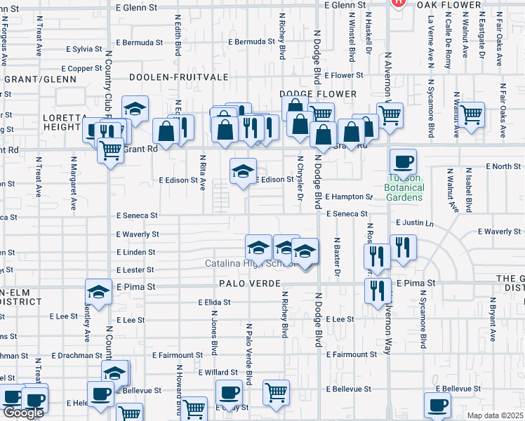 map of restaurants, bars, coffee shops, grocery stores, and more near 3531 East Seneca Street in Tucson