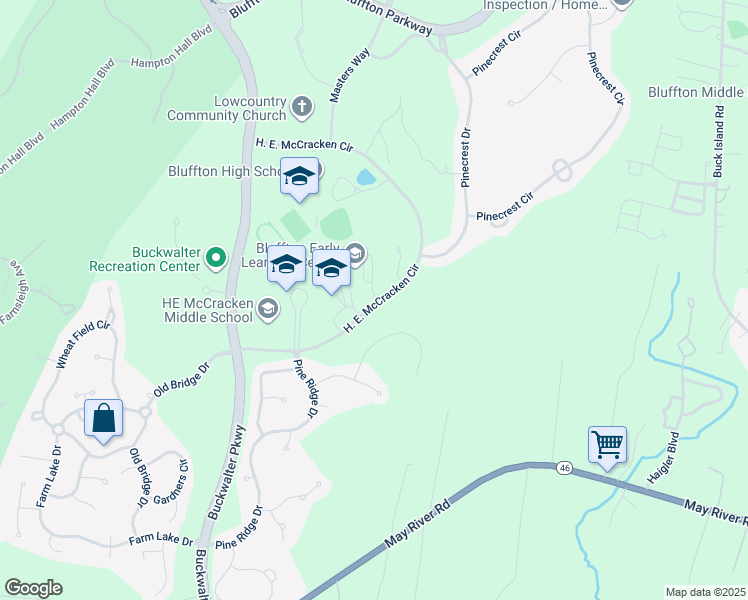 map of restaurants, bars, coffee shops, grocery stores, and more near 160 H. E. McCracken Circle in Bluffton