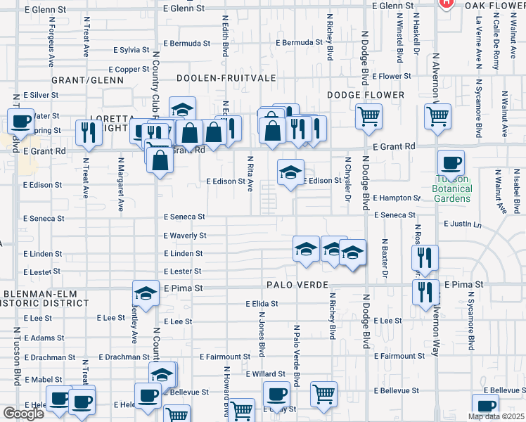 map of restaurants, bars, coffee shops, grocery stores, and more near 3401 East Seneca Street in Tucson