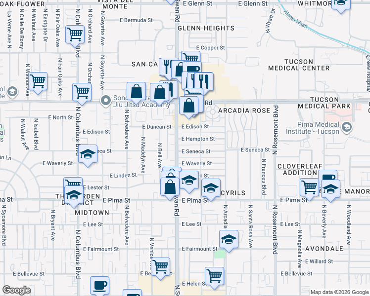 map of restaurants, bars, coffee shops, grocery stores, and more near 4715 East Seneca Street in Tucson