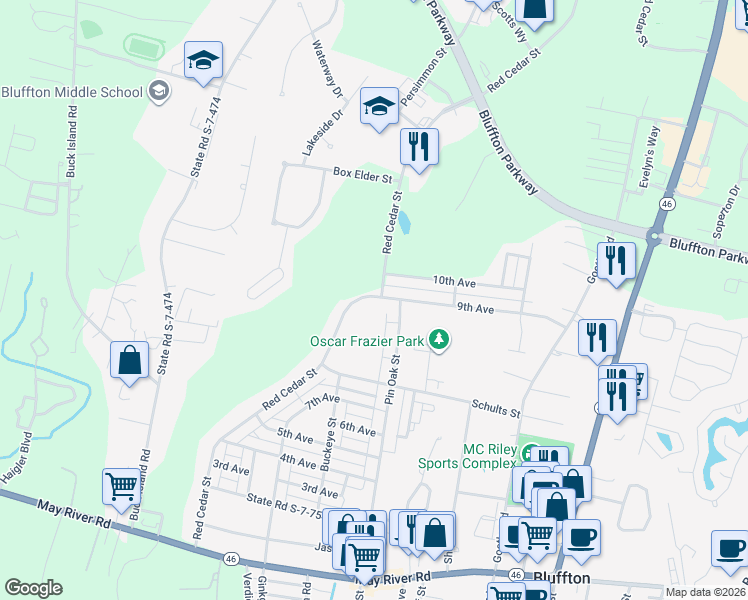 map of restaurants, bars, coffee shops, grocery stores, and more near 141 9th Avenue in Bluffton