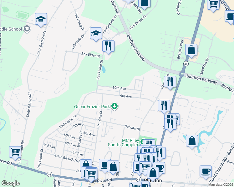 map of restaurants, bars, coffee shops, grocery stores, and more near 94 9th Avenue in Bluffton