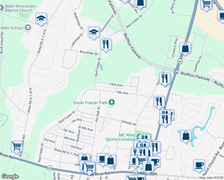 map of restaurants, bars, coffee shops, grocery stores, and more near 104 9th Avenue in Bluffton