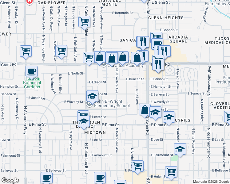 map of restaurants, bars, coffee shops, grocery stores, and more near 4520 East Seneca Street in Tucson