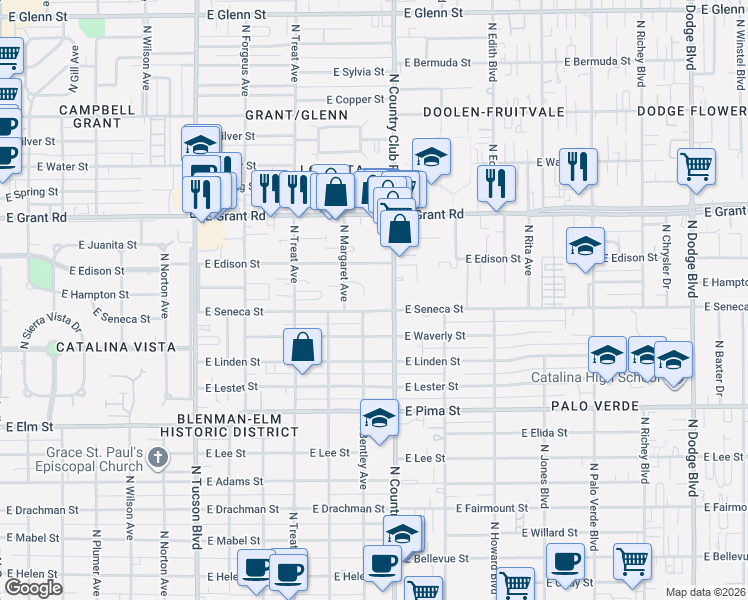 map of restaurants, bars, coffee shops, grocery stores, and more near 2931 East Seneca Street in Tucson