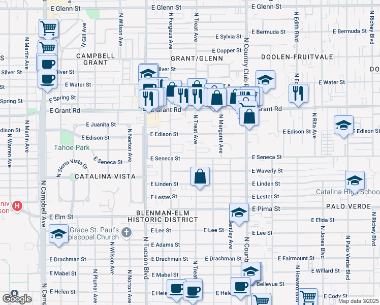 map of restaurants, bars, coffee shops, grocery stores, and more near 2801 East Seneca Street in Tucson