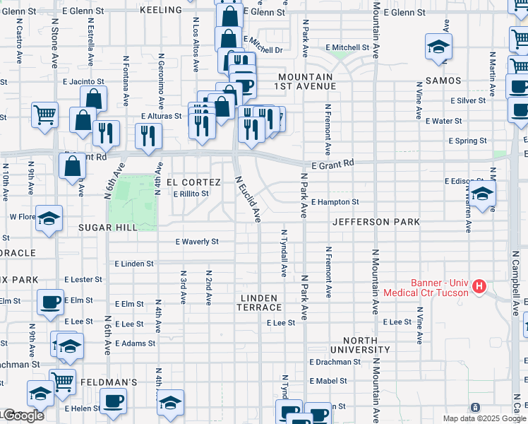 map of restaurants, bars, coffee shops, grocery stores, and more near in Tucson