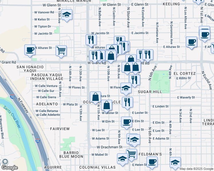 map of restaurants, bars, coffee shops, grocery stores, and more near 141 West Flores Street in Tucson