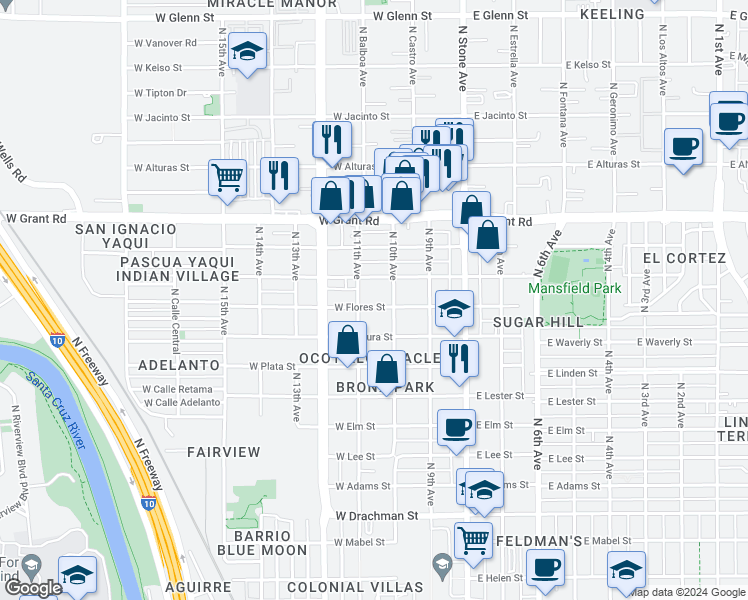 map of restaurants, bars, coffee shops, grocery stores, and more near 254 West Flores Street in Tucson