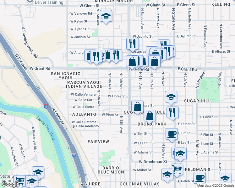 map of restaurants, bars, coffee shops, grocery stores, and more near 2115 North Oracle Road in Tucson