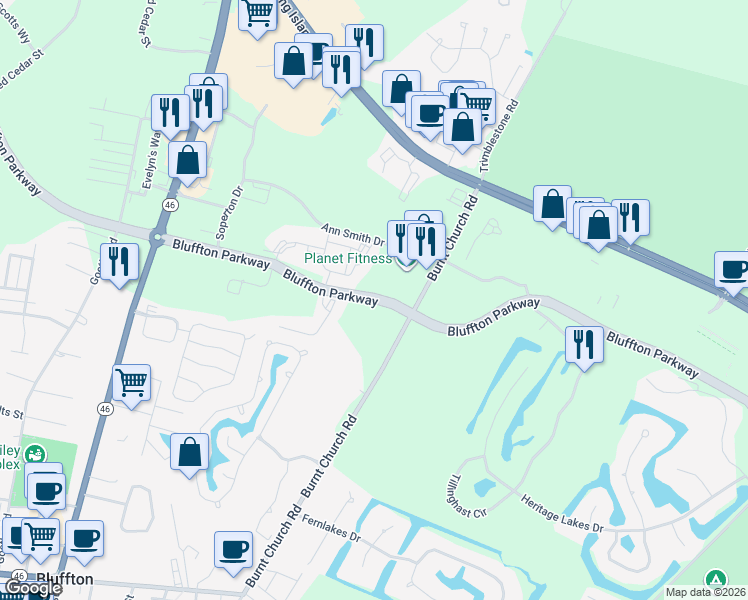 map of restaurants, bars, coffee shops, grocery stores, and more near 4924 Bluffton Parkway in Bluffton