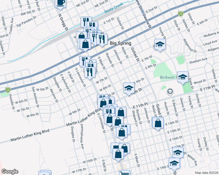 map of restaurants, bars, coffee shops, grocery stores, and more near 105 West 8th Street in Big Spring