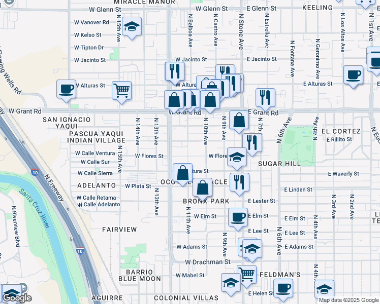 map of restaurants, bars, coffee shops, grocery stores, and more near 254 West Flores Street in Tucson