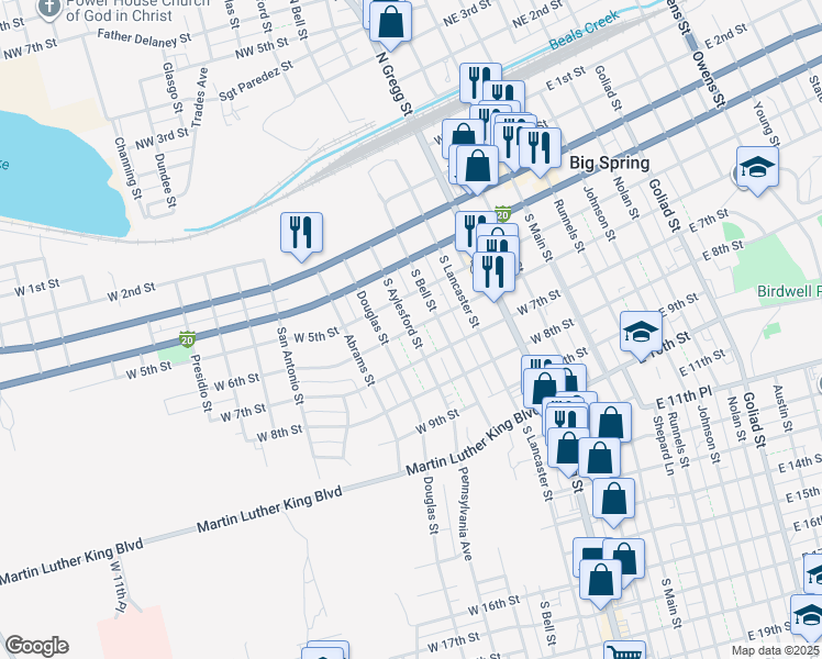 map of restaurants, bars, coffee shops, grocery stores, and more near 601 West 6th Street in Big Spring